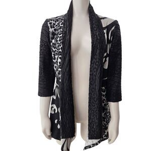 FRANK LYMAN Open Cardigan Size 6 Animal Print  3/4 Sleeve Mixed Textured  Black